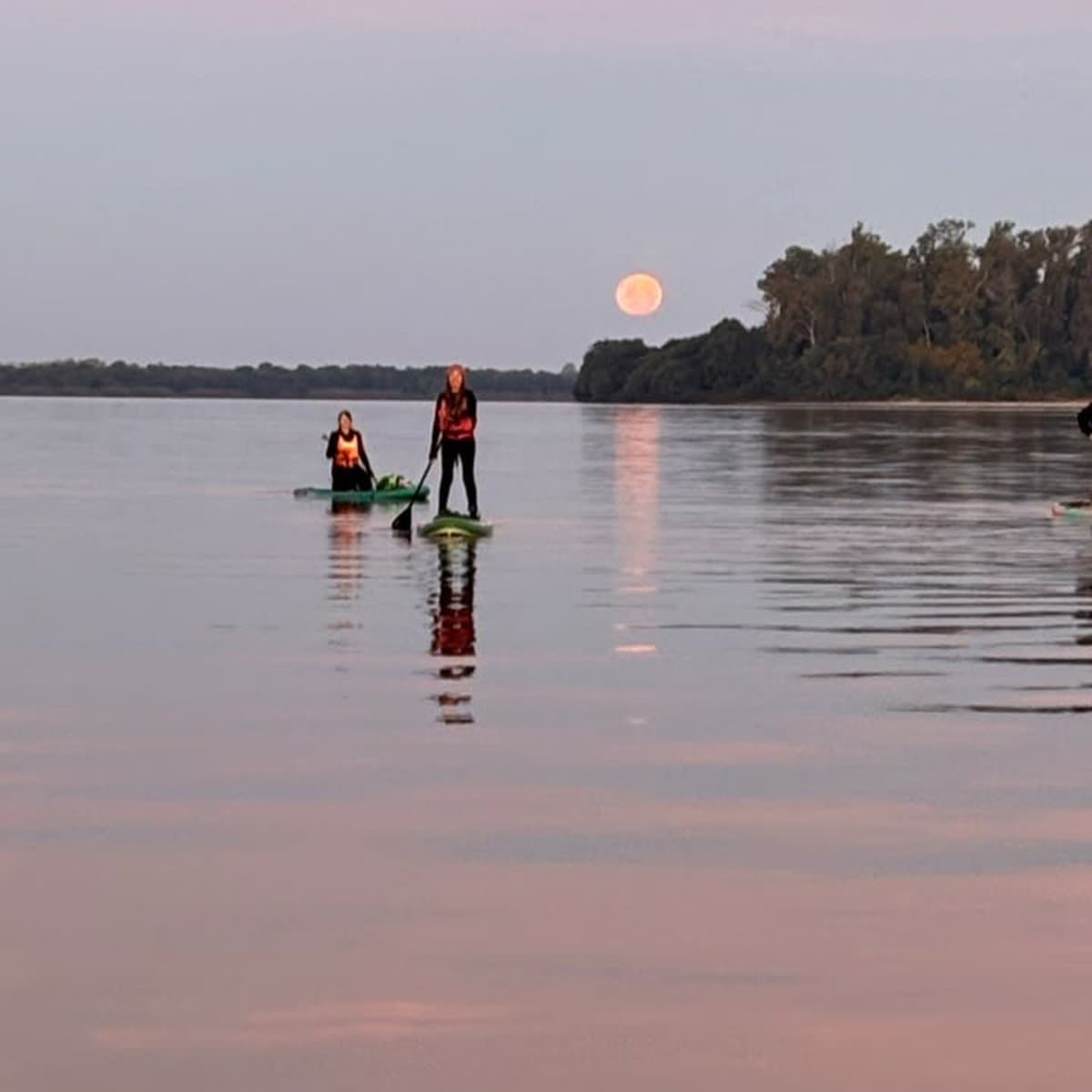 Dos personas en tablas de stand up paddle sobre el río espejado, con la luna llena saliendo y el cielo y el agua teñidos de rosa