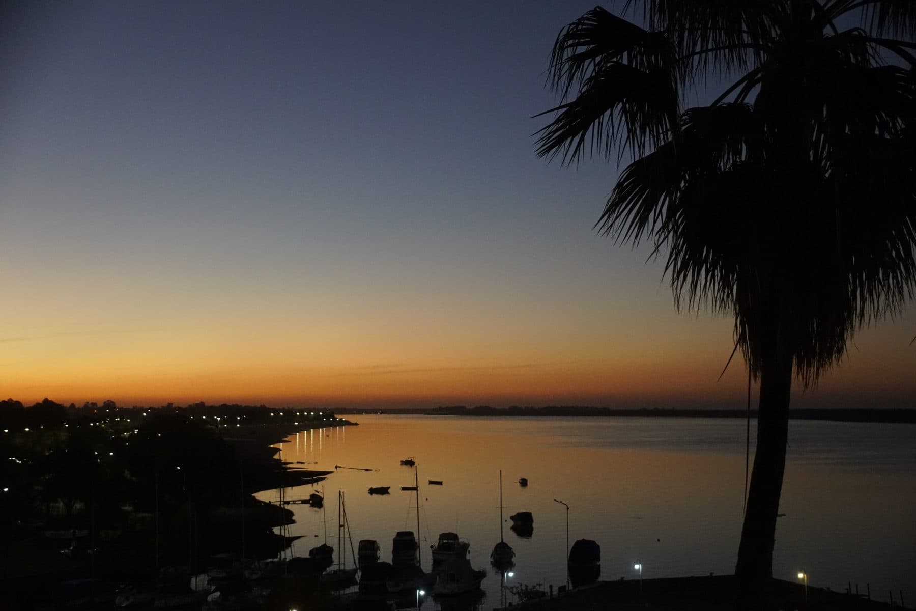 El puerto de Colón al atardecer, con veleros amarrados sobre el río Uruguay y las luces de la ciudad